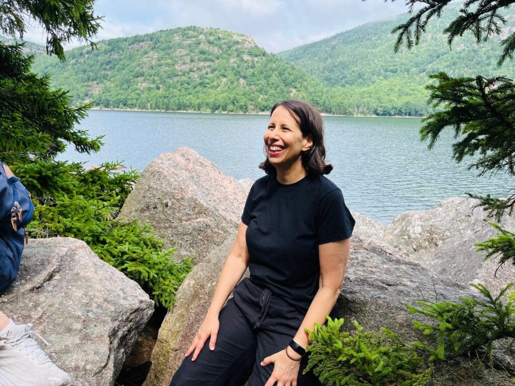 Taking a break at Jordan Path Trail - happy mom on a family road trip