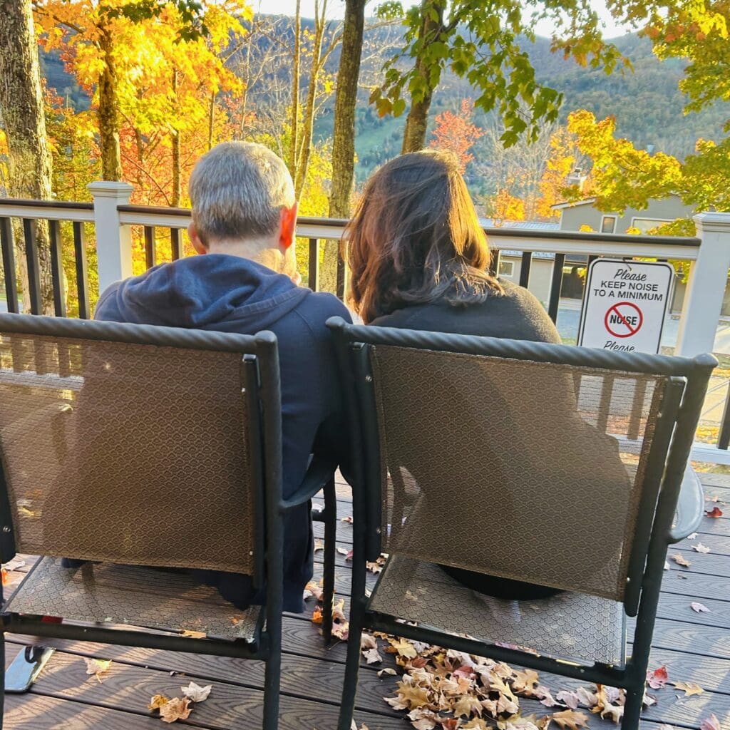 Sitting on our deck overlooking Hunter and the mountains