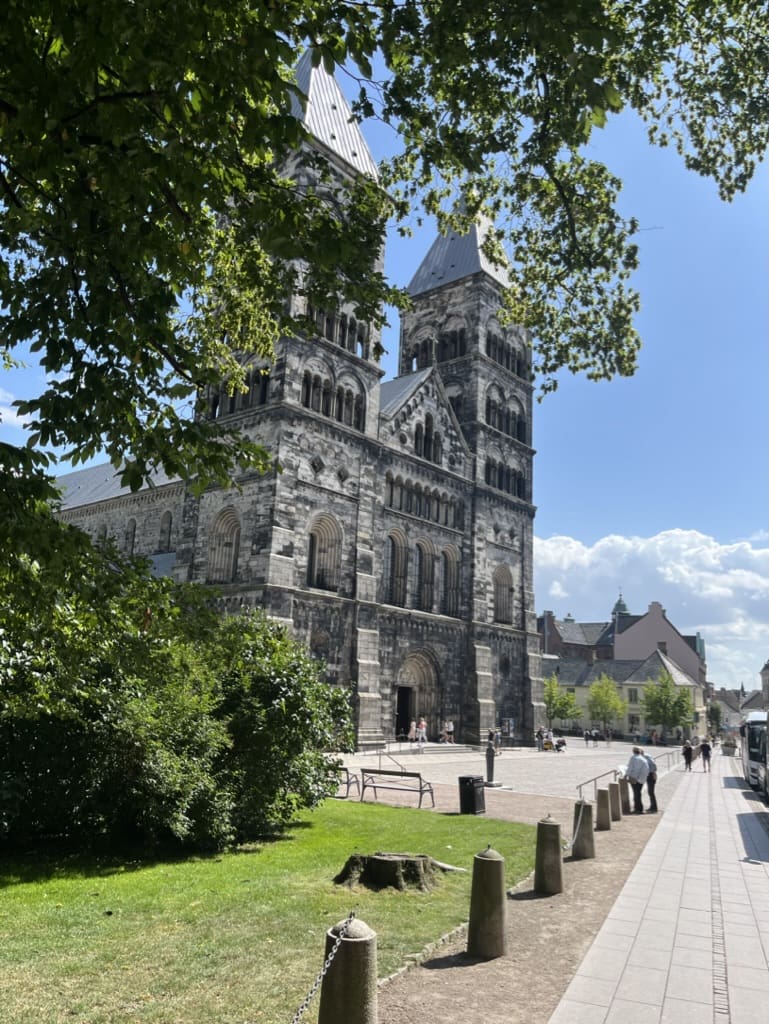 The twin towers of Lund Cathedral rising over the historic center of Lund.