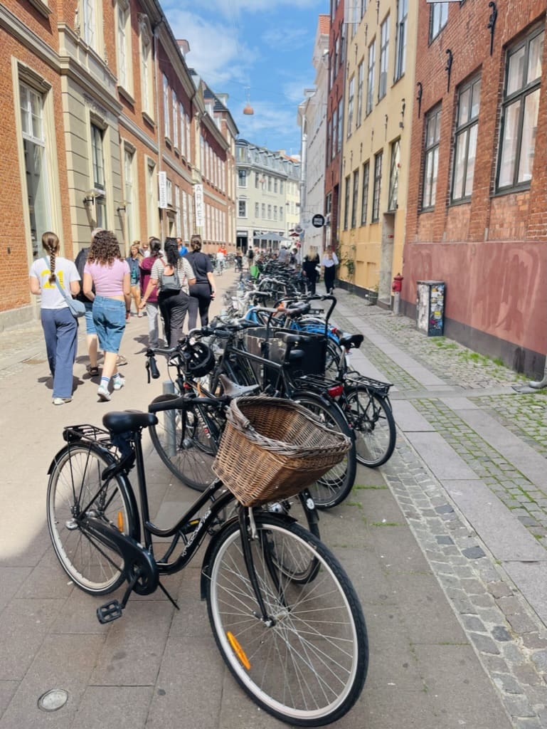Rows of bicycles parked along a street in Copenhagen’s historic center, reflecting the city’s strong cycling culture.