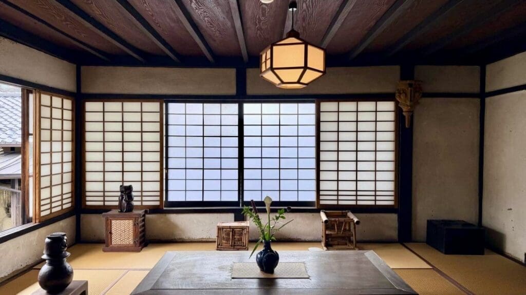 Authentic traditional room in Kyoto, Japan, showcasing tatami mats and classic Japanese architecture.